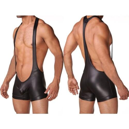 3 color Men Sexy Lingerie Faux Leather Bodywear Wrestling Singlets Siamese Boxers Underwear Men Bodysuits Solid Leotard Costume