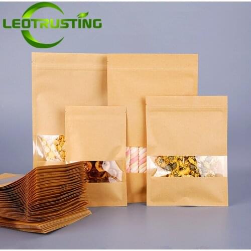 Leotrusting 100pcs Flat Bottom Kraft Paper Clear Window Bag Candy Snack Nuts Grain Zip Lock Packaging Bag Paper Gift Window Bags