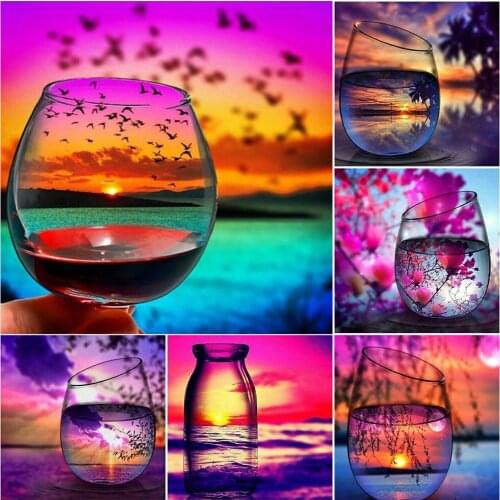 5D Diamond Embroidery Cup Art Sunset Full DIY Diamond Painting Mosaic Landscape Picture Rhinestones Cross Stitch Home Decoration