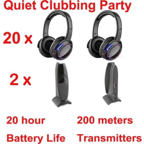 Silent Disco compete system black led wireless headphones - Quiet Clubbing Party Bundle (20 Headphones + 2 Transmitters)