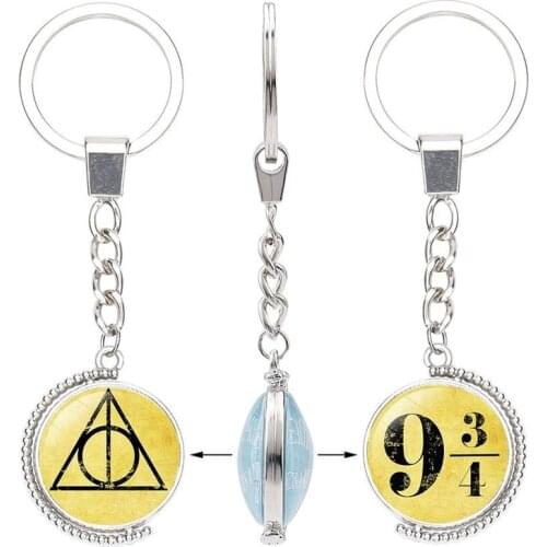 9 3/4 Platform Key Chains Keychain Deathly Hallows Double-sided Time Gem Cabochon Pendant Keyring Fashion Jewelry Accessories
