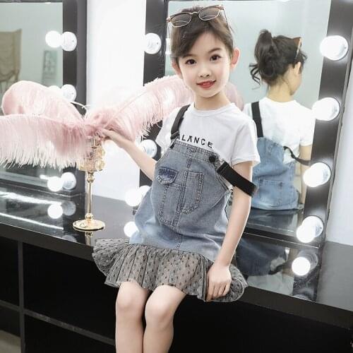 Girls Fashion Denim Suspenders Dress Summer Childrens Grenadine Spliced Slip Dresses New Baby Kids Cute Overalls One Piece X424