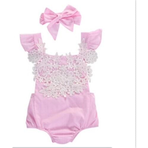 Lace Baby Bodysuit Summer Cute Infant Baby Girls Lace Floral Bodysuit Jumpsuit Headband Outfits Girl Set Baby Girl Clothes 0-18M