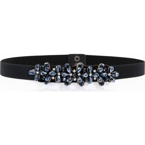 Summer Designer Women Ladies Rhinestone Crystal Flower Patchwork Waist Belt , Fashion Female Woman Thin Beads Elastic Waistband