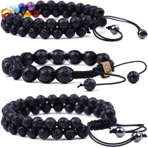 Fashion Adjustable Lava Stone Braided Bracelets Men Women Volcanic Rock 7 Chakra Essential Oil Diffuser Couple Distance Bracelet