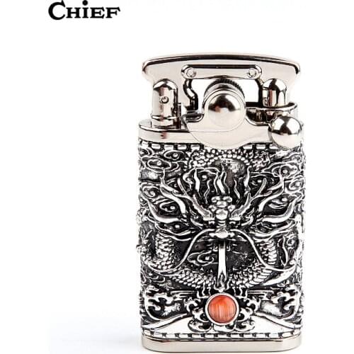 CHIEF Brass Emboss Dragon Encendedores Creativos Inflatable Kerosene Lighter Smoking Accessories Without Gift Box