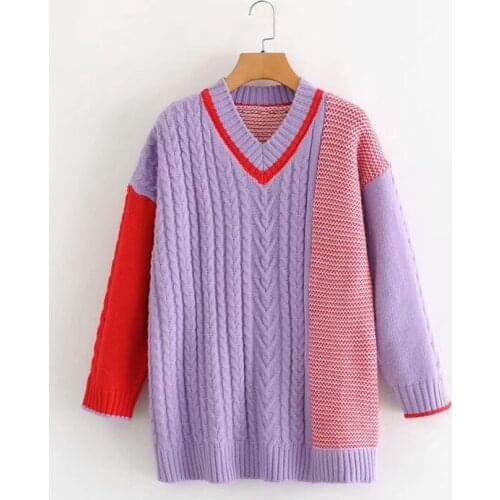 Women Winter Sweater Pullovers V neck Patchwork Purple Jumpers Oversized Knit Loose Knitwear Twisted Winter Sweaters