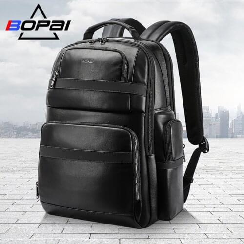 BOPAI Luxury Genuine Leather Backpack for Men Women Travel Black Bagpack Top Layer Cow Leather Men Business Laptop Backpacks