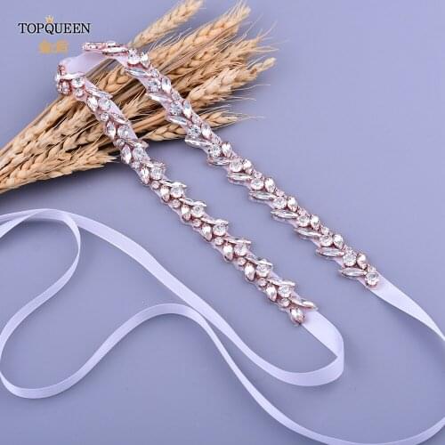 TOPQUEEN S468 Silver Belts for Brides Rose Gold Rhinestone and Sequins Dress Belts Ribbon Belt Woman Belt Brides Accessories