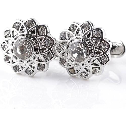 High Quality Creative Novelty Vintage Hollow Flower Shape Crystal Cufflinks Business Gifts Exquisite Cuff Button