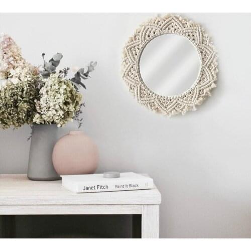 Innovative Art Decoration Rattan Round Makeup Mirror Dressing Bathroom Living Room Wall Hanging Mirror With Macrame WY51202
