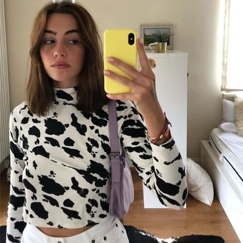 Womens Cow Pattern Contrast Color Half High Neck Long Sleeve T-Shirt Womens Slim Tops Black White
