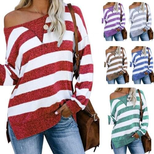 Ladies Spring Casual Loose Color Matching Striped Print Long Sleeve Womens T-Shirt Female Fashion Slash Neck Pullover Tshirts
