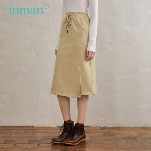 INMAN Autumn Winter Womens Skirt Drawstring Elastic Waist Irregular Hem Design Simple Casual Beige Females Bottoms