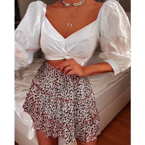 Spring Summer High-Waisted Women Skirts Ruffles Floral Chiffon A Line Shorts Skirt Korean Elegant Sexy Beach Boho Bottom 2021