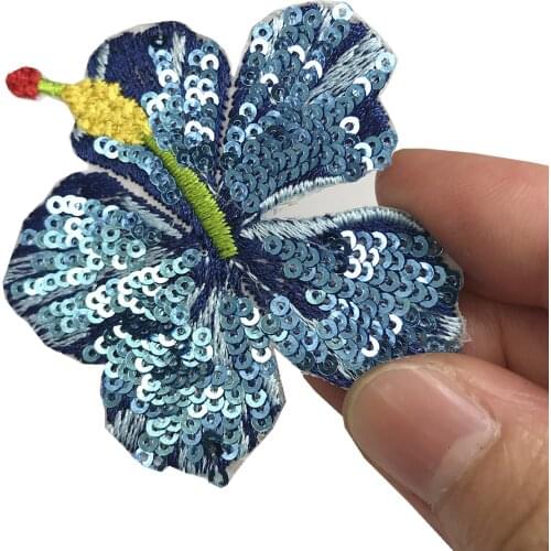 Blue Flower Sequin Iron On Patches For Clothing Clothes Stickers Embroidery Patch Applique Embroidered Parches Ropa AC1550
