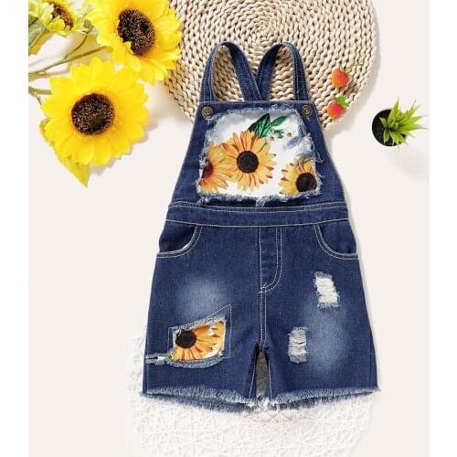 2021 New Fashion Children Girl Sleeveless Sunflower Denim Jeans Overalls Strap Trouser Jumpsuit Clothes