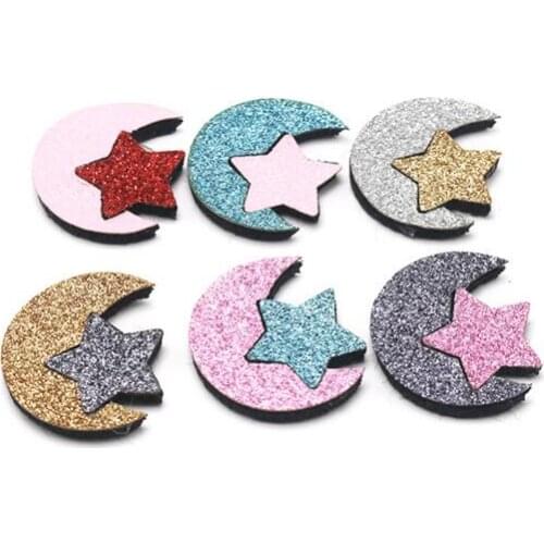 30pcs/lot 3x3.5cm Mixed Padded Shiny/Glittered Lovely Moon&Star Shape Appliques For Kid DIY Patch And Baby Headwere Accessorie