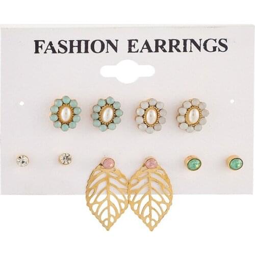 5 Pairs/Set Pearl Beautiful Party Crystal Girls Zircon Round Graceful Flower Leaf Exquisite Studs Earrings Set Jewelry Gift 2020