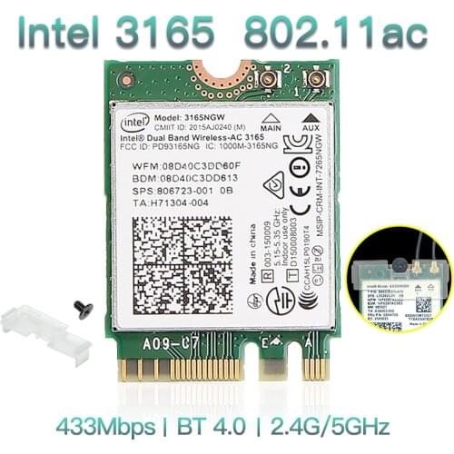 Dual Band Wireless-AC 3165NGW For Intel 3165 M.2 NGFF 802.11ac WiFi WLAN Network Card 433Mbps 2.4G/5Ghz Bluetooth 4.0 Windows