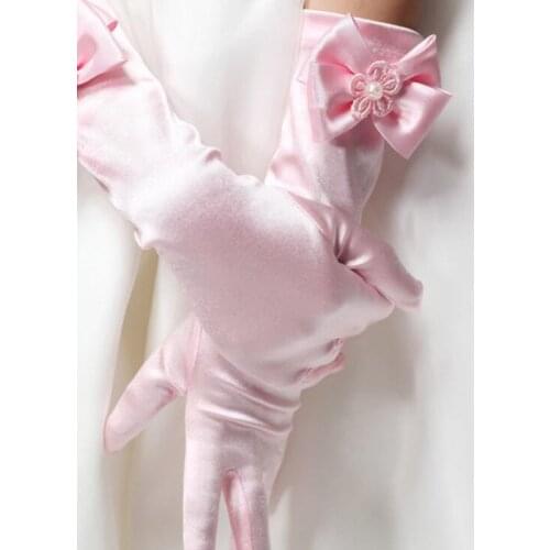 Elastic Girls formal Etiquette Gloves Flower Satin Bow Pearl Long Lace Bow Gloves Children Princess Dance Gloves Kids Gift G65