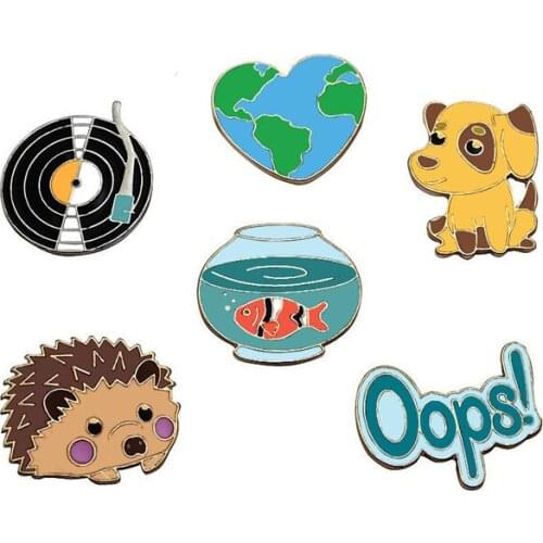 1pc enamel jewelry map gramophone record puppy hedgehog goldfish bowl small animal drip oil brooch badge
