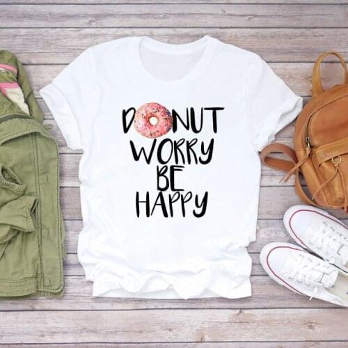 Donuts Print Tshirt Dont Worry Be Happy Graphic Funny T Shirt Tee Shirt Femme T-Shirt Summer Tops Streetwear Tops 2021