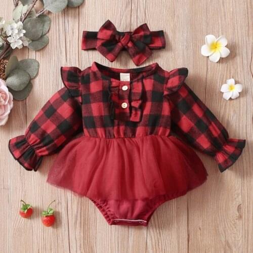 Baby Girls Two-piece Clothes Set, Paid Printed Pattern Patchwork Long Sleeve Romper and Headdress Spring Autumn