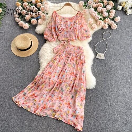Two Piece Set Women Floral Print Summer Skirt Suits Chiffon Bandage Crop Top And High Waist Pleated Long Skirts Casual Outfits