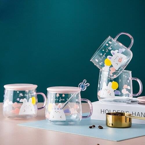 Korean Pink Rabbit Glass Cups Creative Children Cartoon Stir Bar Waterglass For Drinkware Coffee Mug Friend Christmas Gifts