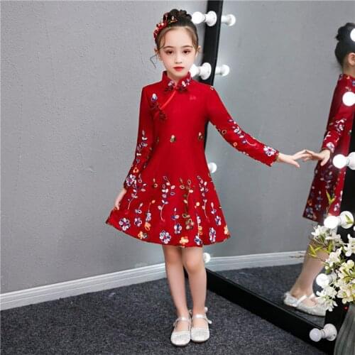 Red Girl Children Cheongsam Princess Dress Wedding Party Kids Autumn Winter Warm Quilted Birthday Dresses New Year Clothing