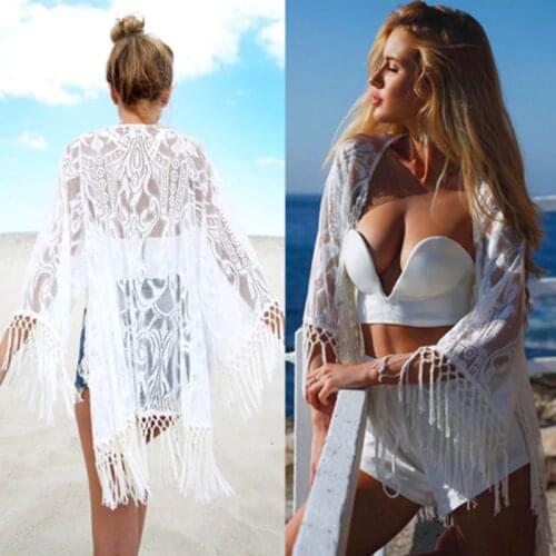 Summer Beach Blouse Women Bikini Tops Lace tunic Hollow Out Crochet Tassel Robe Cover Up Kimono Cardigan Swimsuit