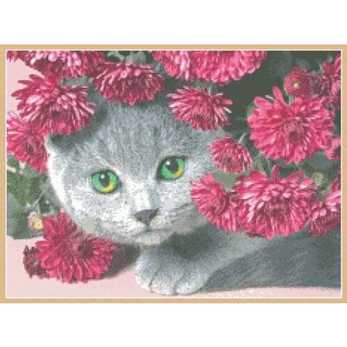 Shorthair Cat and Flower Stamped Cross Stitch Patterns Kits Printed Embroidery Needlework Set 11CT 14CT Diy Home Decor Paintings