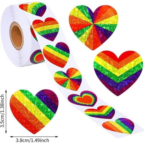 Various 6 Colors Striped Love Gay Pride Rainbow Heart Ribbon Valentines Day Sticker 1.5Inch Supporting The LGBT Spreading Love