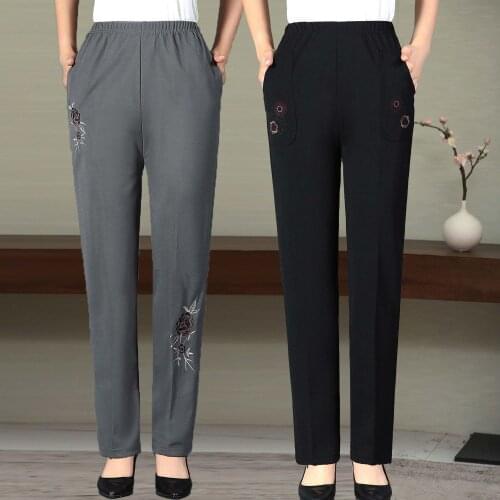 Women 2021 Autumn New Middle-aged Loose Trousers Female High Waist Straight Pants Ladies Floral Embroidery Casual Pants Q691