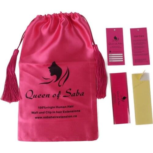 OEM Custom Logo printed Virgin Hair extenstions bundles packaging satin bags,wrap stickers,shipping paper tag labels with string