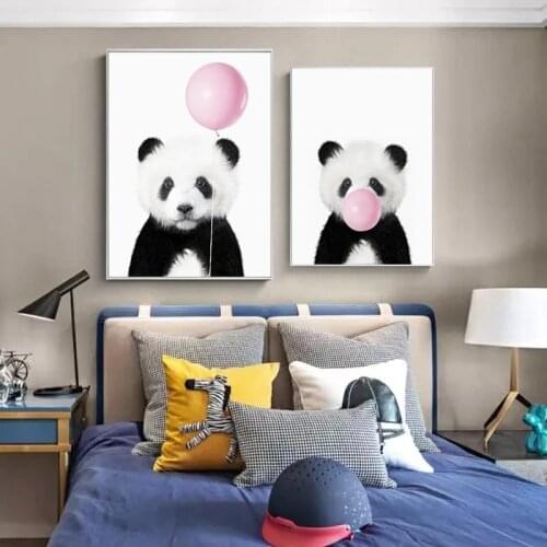 Panda Print Animal with Bubble Gum Poster Art Picture Decor Cute Pink Balloon Baby Shower Gift Canvas Painting Nursery Wall