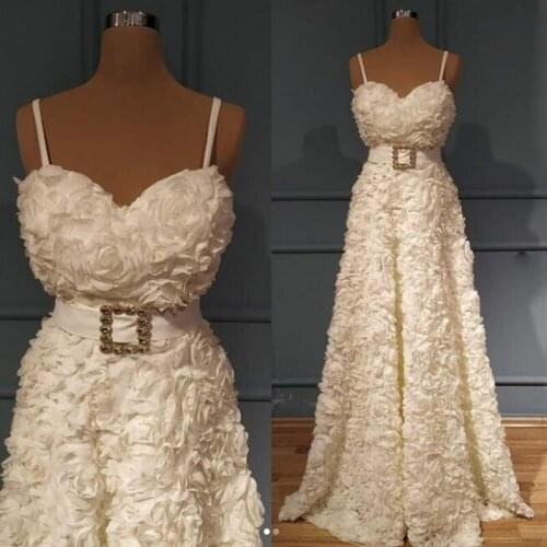 Ivory Spaghetti Ruched Flower Prom Dresses Sexy Sweetheart Beaded Belt A Line Evening Gowns Floor Length Formal Party Dress