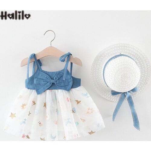 Halilo Baby Girl Dresses Blue Denim Star Embrodiery Infant Birthday Dress Ball Gown Tutu 2020 Summer Clothes For Baby Girl With