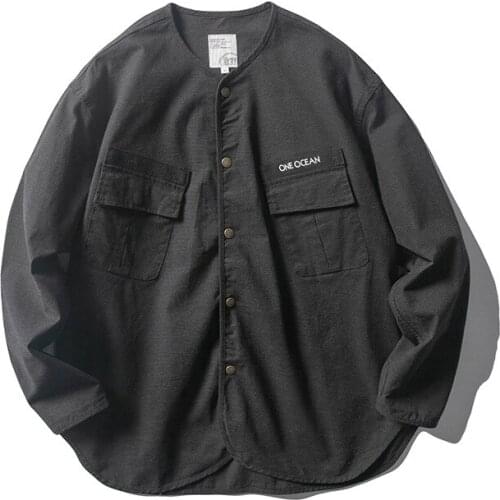 Casual Work Shirt Chinese Style Solid Color Loose Coat Collarless Outdoor Trekking Hiking Camping Climbing Labor Cargo Jacket