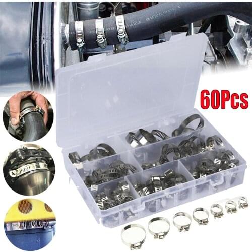60Pcs/Set 10-16mm Stainless Steel Hose Clamps + Box Spring Fuel Oil Water Hose Clip Pipe Tube Band Clamp Fastener Assortment Kit