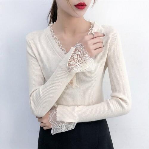 Women Sweater Pullover New Fashion Lace V-neck Sweater Fall Winter Long Sleeve Bottoming Shirt Slim High Stretch Knit Sweater