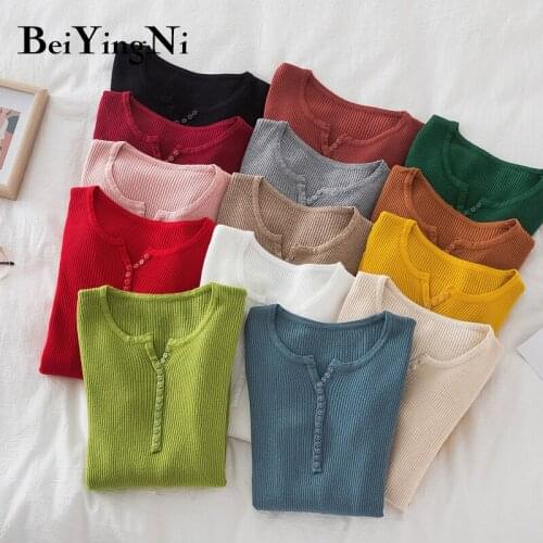 Beiyingni Spring Autumn Sweaters Womens Buttons V-neck Skinny Long Sleeve Tops 14Colors Retro Knitted Pullover Warm Chic Jumper