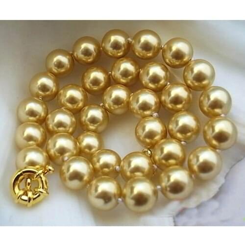 Unique Pearls jewellery Store 12mm Gold Round South Sea Shell Pearl Necklace Fine Pearl Jewelry Charming Women Gift