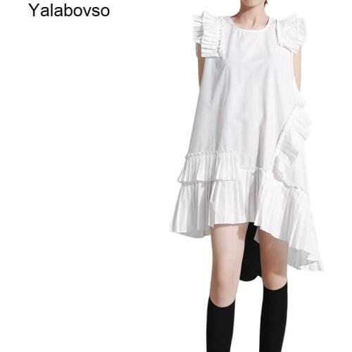Dress Summer 2021 Irregular Pleated A-line Swing Small Flying Sleeve Dress Womens Ruffle Chic Dresses For Fashion Lady Solid