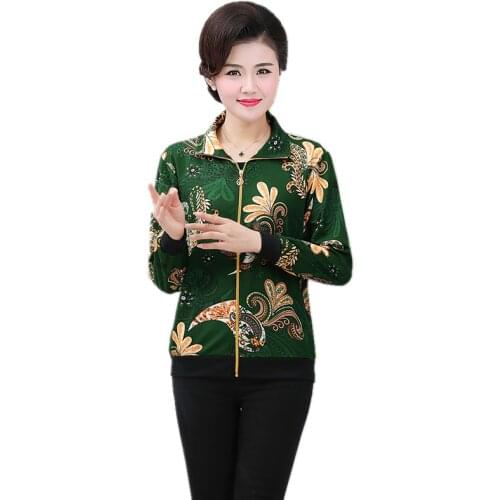 Womens Coat 5XL 2021 New Womens Mother Coat Middle-Aged Elderly Spring Autumn Printing Casual Ladies Zipper Thin Jacket Tops