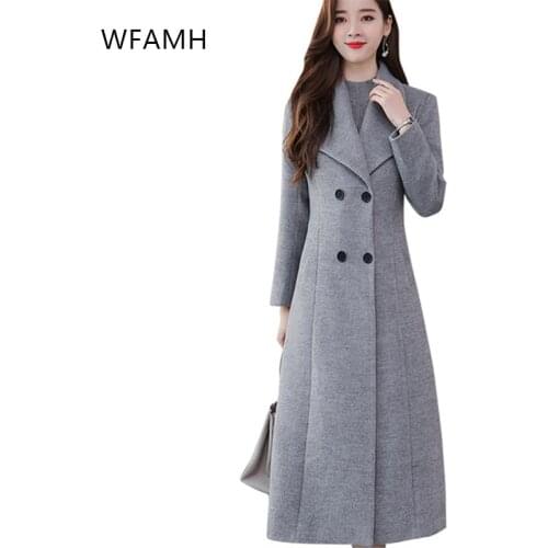 Winter 2021 New Fashion Temperament Wool Coat Suit Collar Double Breasted Super Iong Slim Thick Women COTTON Polyester