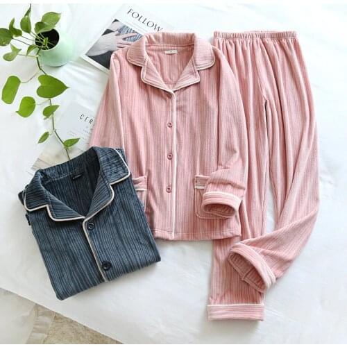 KISBINI Winter Women Men Sleepwear Coral Fleece Stripe Pajamas Set Long Sleeve Thicked Warm Soft Female Homewear Couple Pyjamas