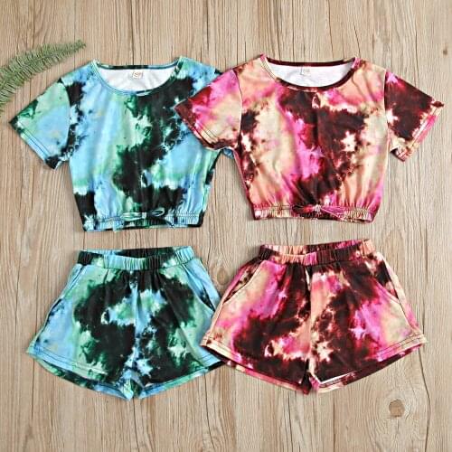 2Pcs Kids Girls Summer Outfit,2021 New Fashion Tied-Dye O-Neck Short Sleeves T-Shirt + Elastic Waist Shorts with Pockets
