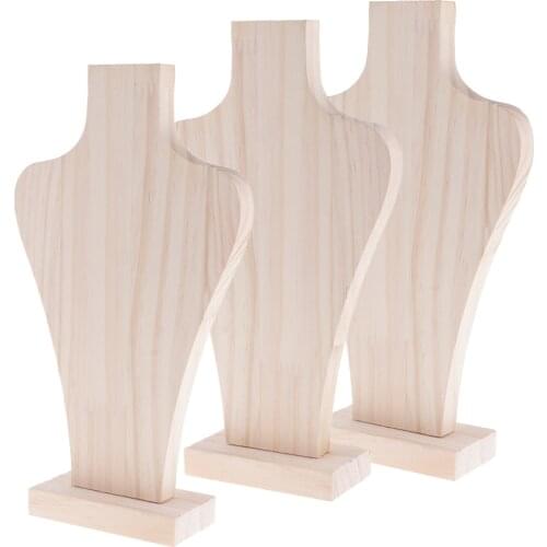 3pcs Unpainted Natural Wood Mannequin Bust for Necklace Chain Pendant Rack